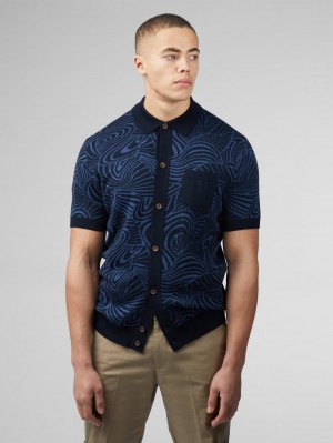 Ben Sherman B by Ben Sherman Swirl Jacquard Button Through Polo Strikkevarer Marineblå | BZ1243760