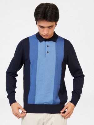 Ben Sherman Block Stripe Merino Gensere Med Polo Hals Marineblå | GP6583910