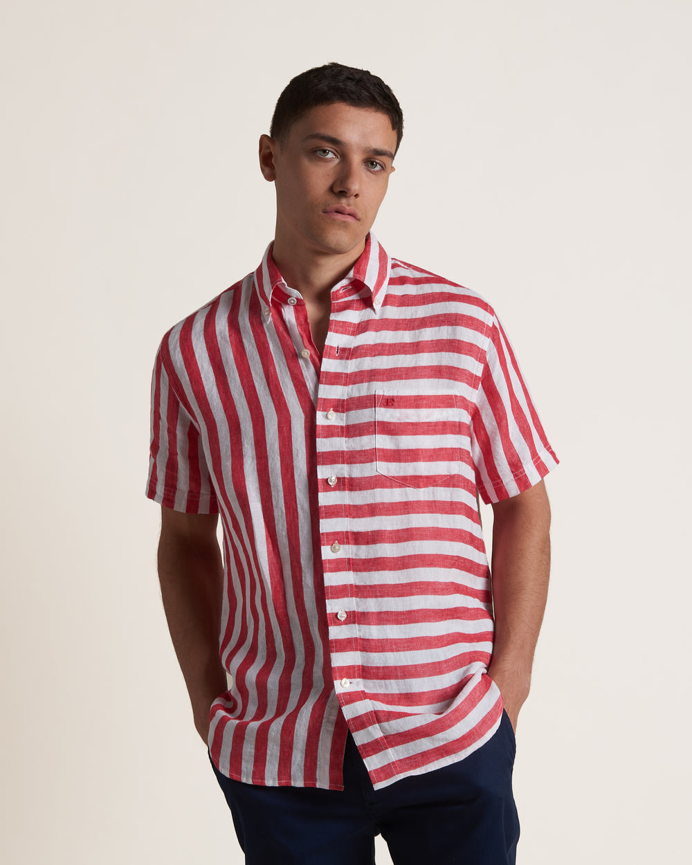 Ben Sherman B by Ben Sherman Candy Stripe Linen Short Sleeve Skjorte Rosa Rød | CL7304628