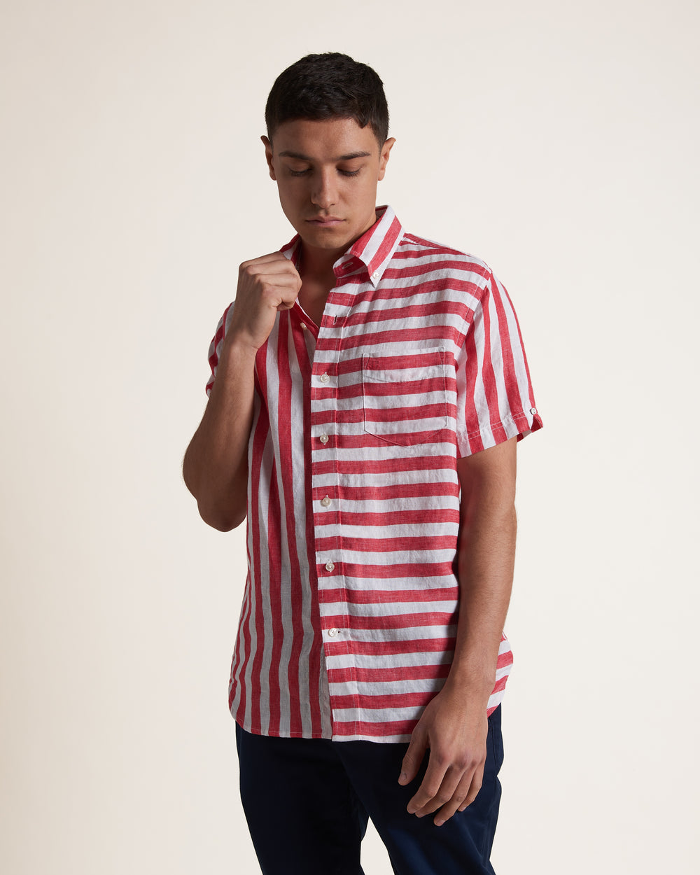 Ben Sherman B by Ben Sherman Candy Stripe Linen Short Sleeve Skjorte Rosa Rød | CL7304628