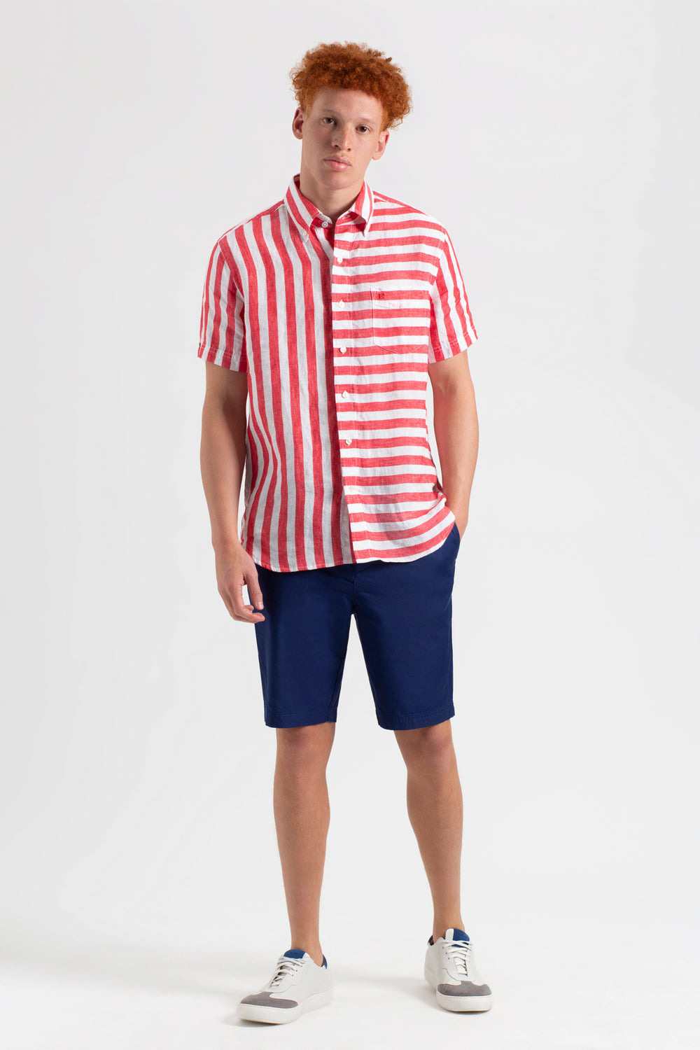 Ben Sherman B by Ben Sherman Candy Stripe Linen Short Sleeve Skjorte Rosa Rød | CL7304628