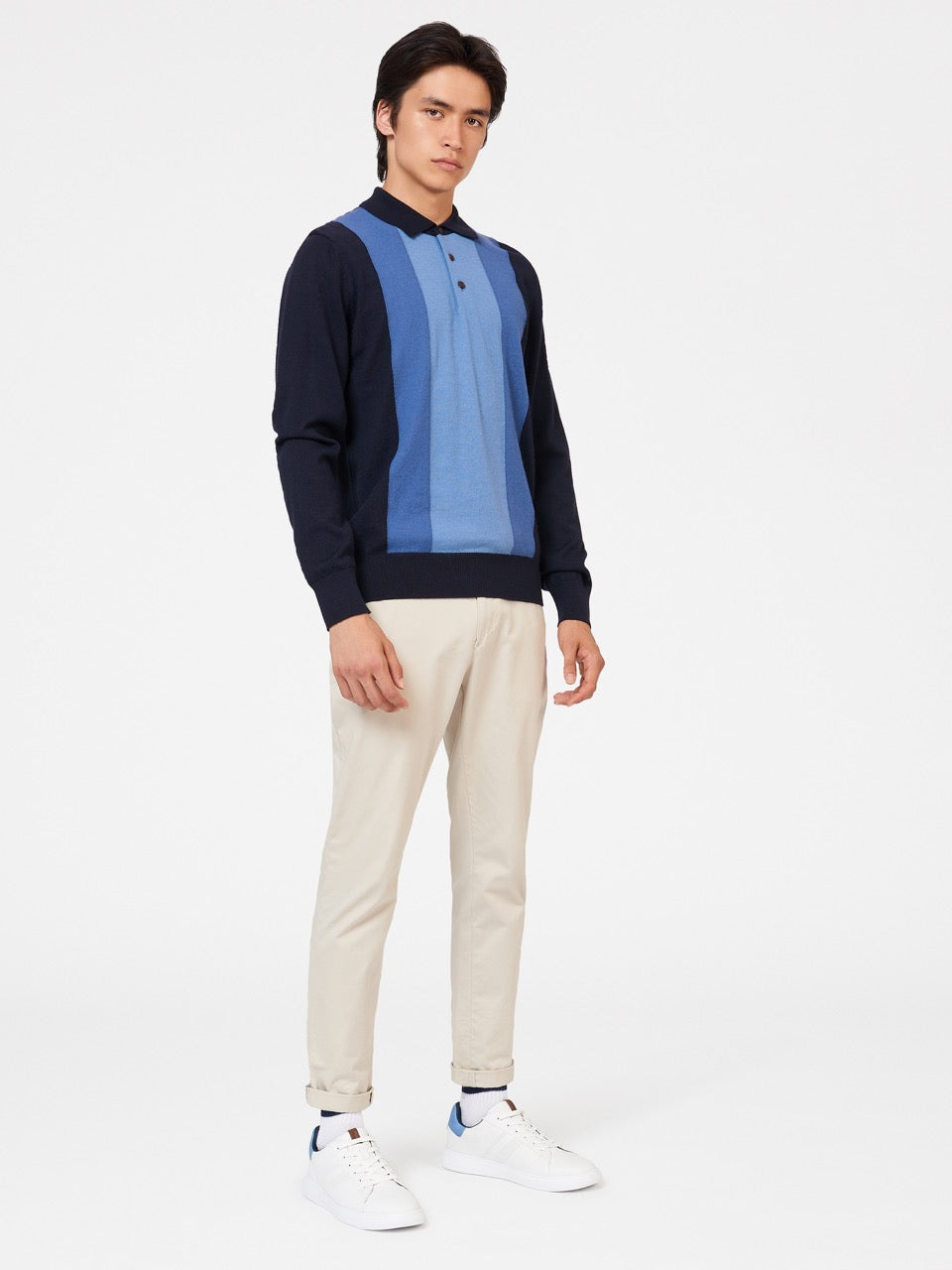 Ben Sherman Block Stripe Merino Gensere Med Polo Hals Marineblå | GP6583910