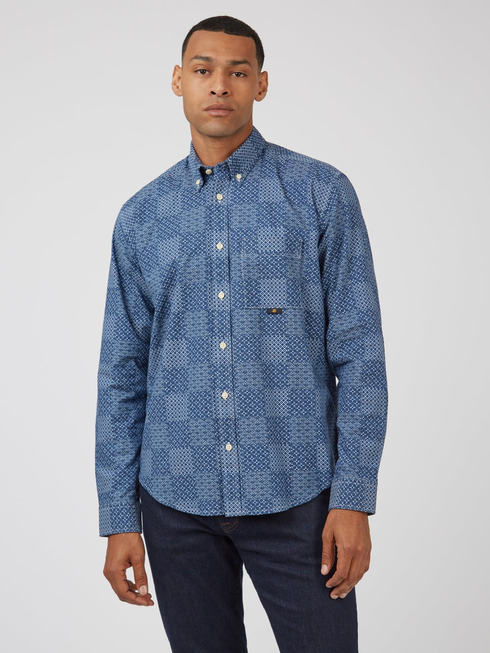 Ben Sherman Chambray Patchwork Geo Print Long-Sleeve Skjorte Blå | OK9867420