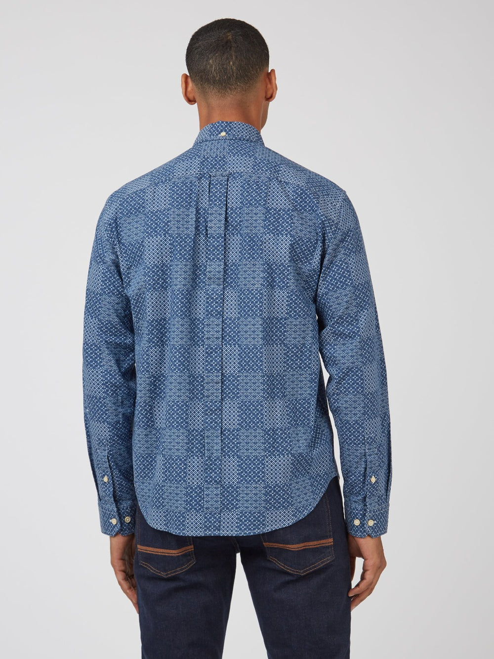 Ben Sherman Chambray Patchwork Geo Print Long-Sleeve Skjorte Blå | OK9867420