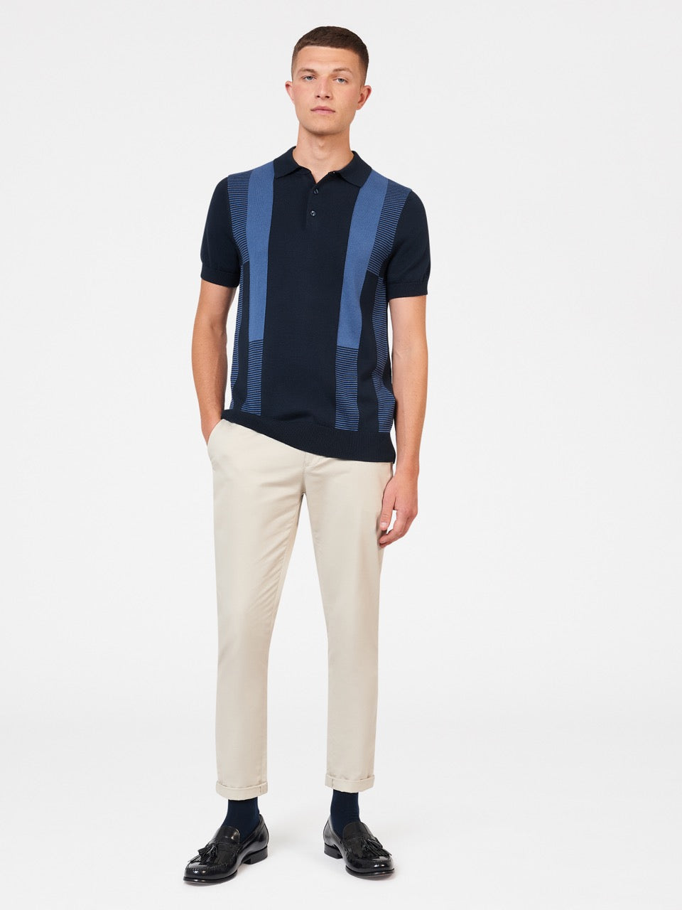 Ben Sherman Intarsia Stripe Gensere Med Polo Hals Marineblå | MS5630978