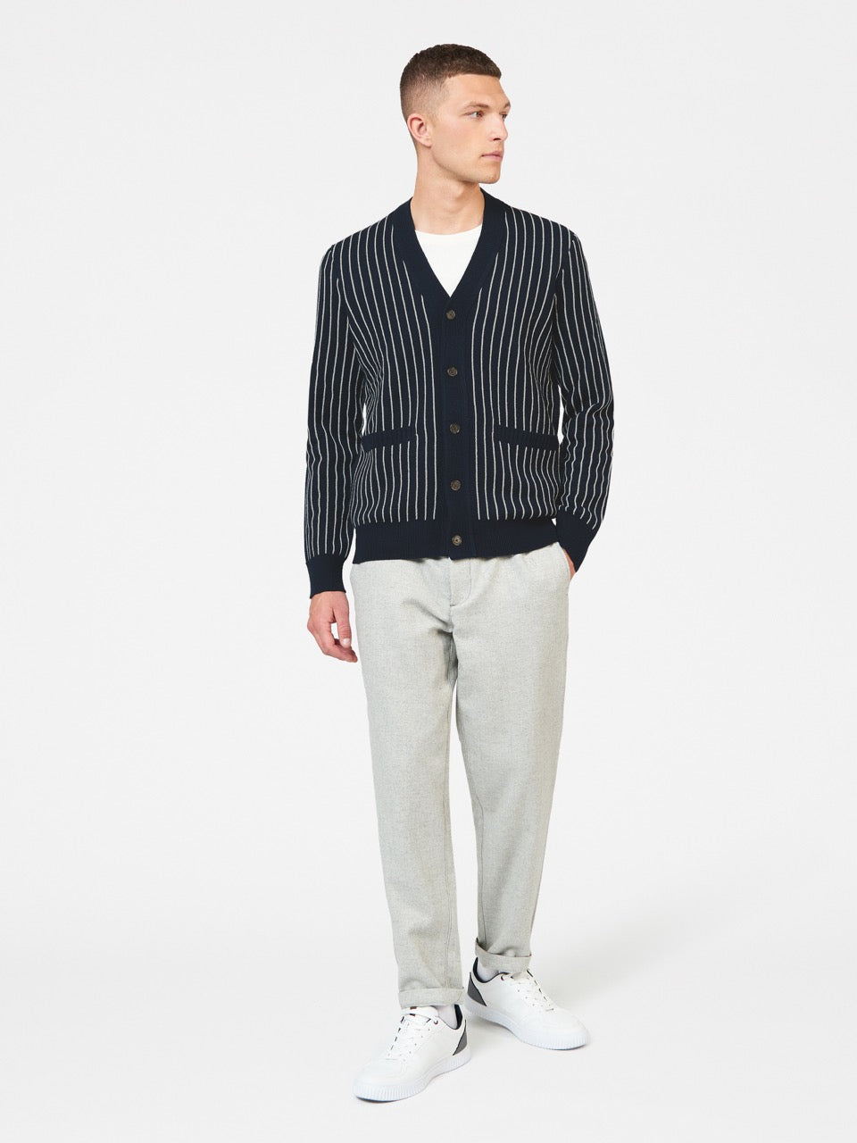 Ben Sherman Jacquard Stripe Cardigan Strikkevarer Marineblå | GJ9827506