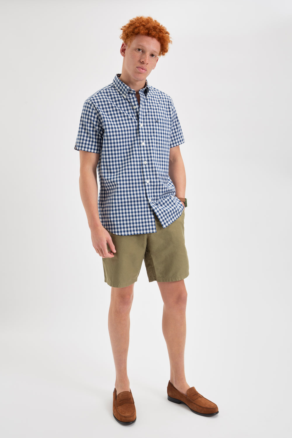 Ben Sherman Short Sleeve House Poplin Gingham Skjorte Marineblå Olivengrønne | AE4678391